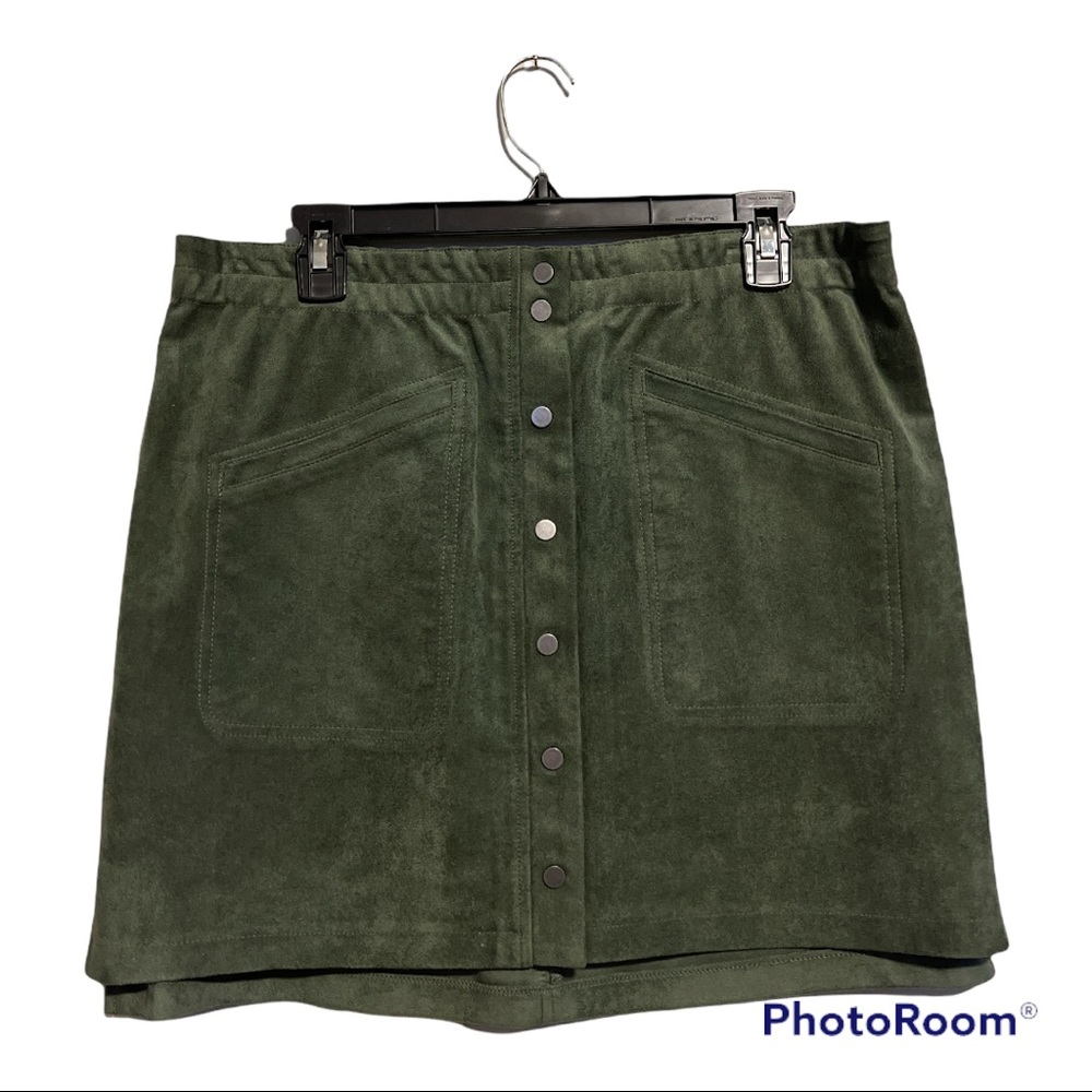 BCBG Mora Mini Skirt Faux Suede A-Line Dusty Olive Sz L